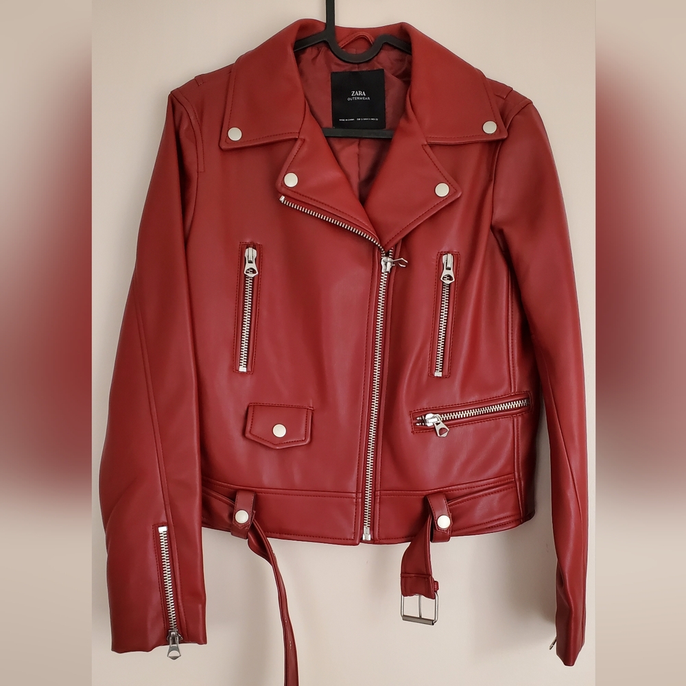 Zara Red Leather Moto Jacket with Silver Hardware